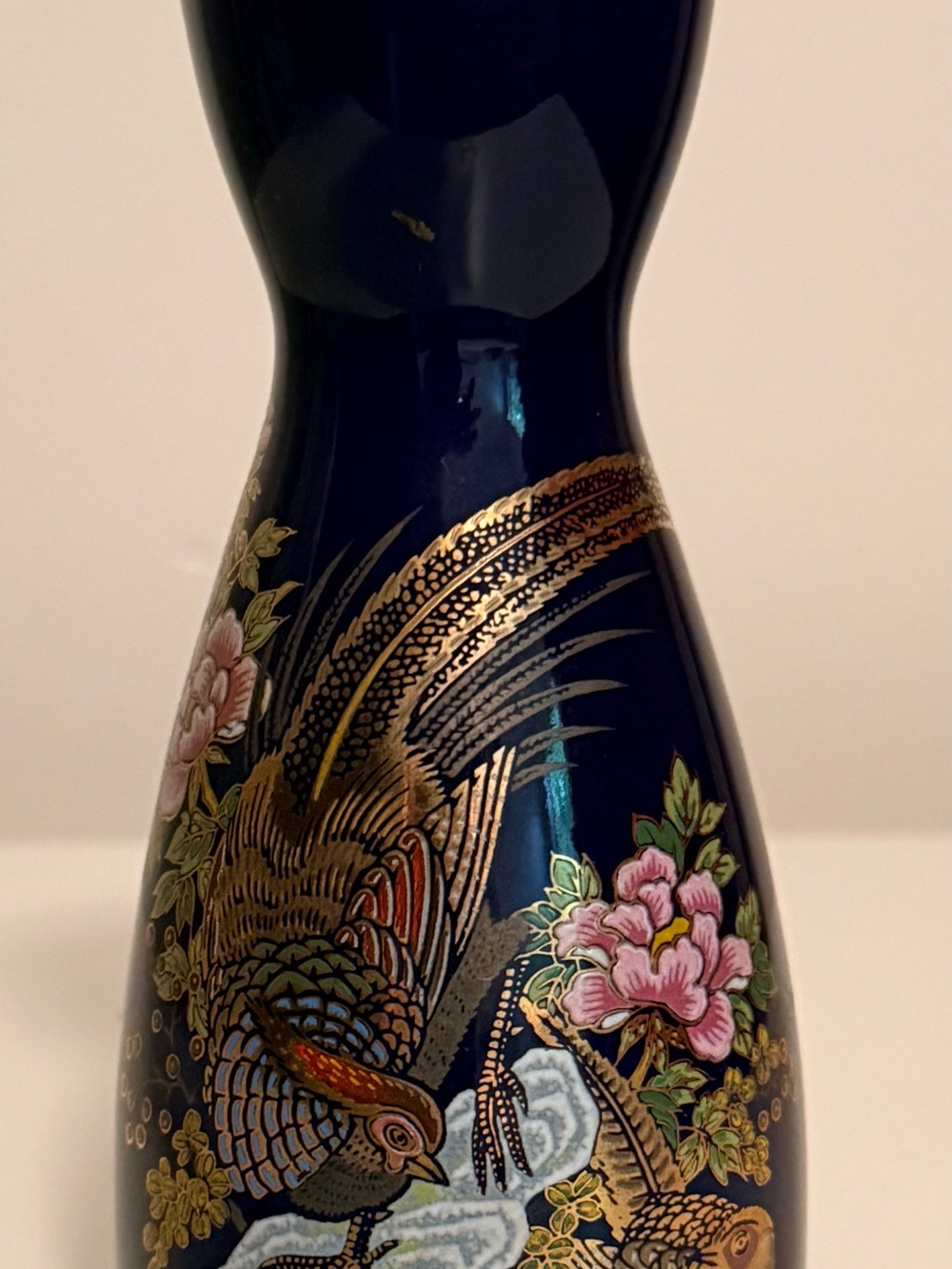 Vintage Navy Ceramic Sake Vase with Gold & Pink Floral Bird Motif